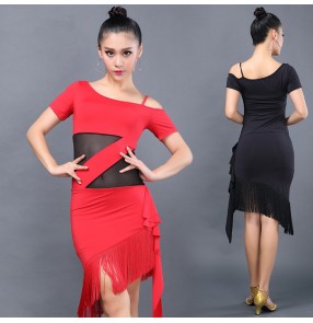 Black red patchwork short sleeves see through waist women's ladies female competition play stage performance latin samba cha cha salsa dance dresses outfits